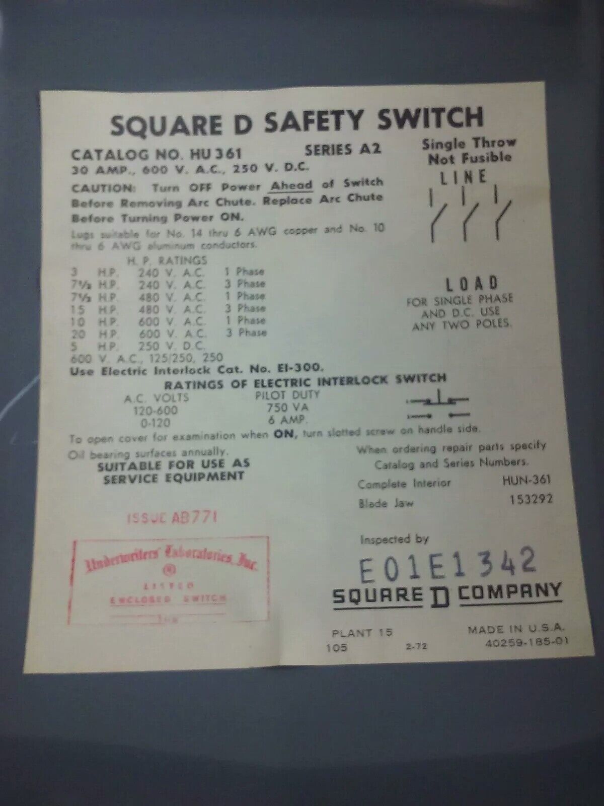 SQUARE D HU361, SER. A2, H.D. SAFETY SWITCH, 30A, 600V, NON FUSIBLE, INDOOR, NEW