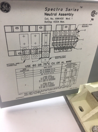 GE ANK400 MOD NO 1 PANELBOARD NEUTRAL ASSEMBLY 277 VOLT 400 AMPS