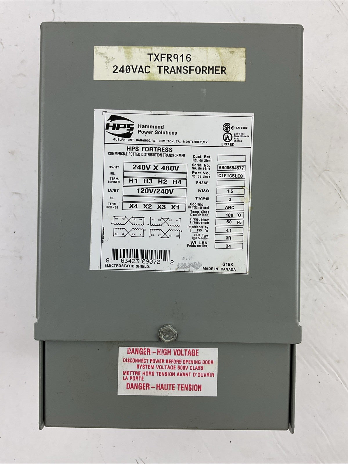 HAMMOND POWER SOLUTIONS C1F1C5LES 240V X 480V 120V/240V 1.5kVA COMMERCIAL POTTED
