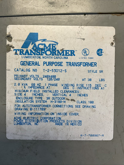 ACME T-2-53012-S TRANSFORMER PRI 240X480V SEC 120/240V 2.0KVA 1PH