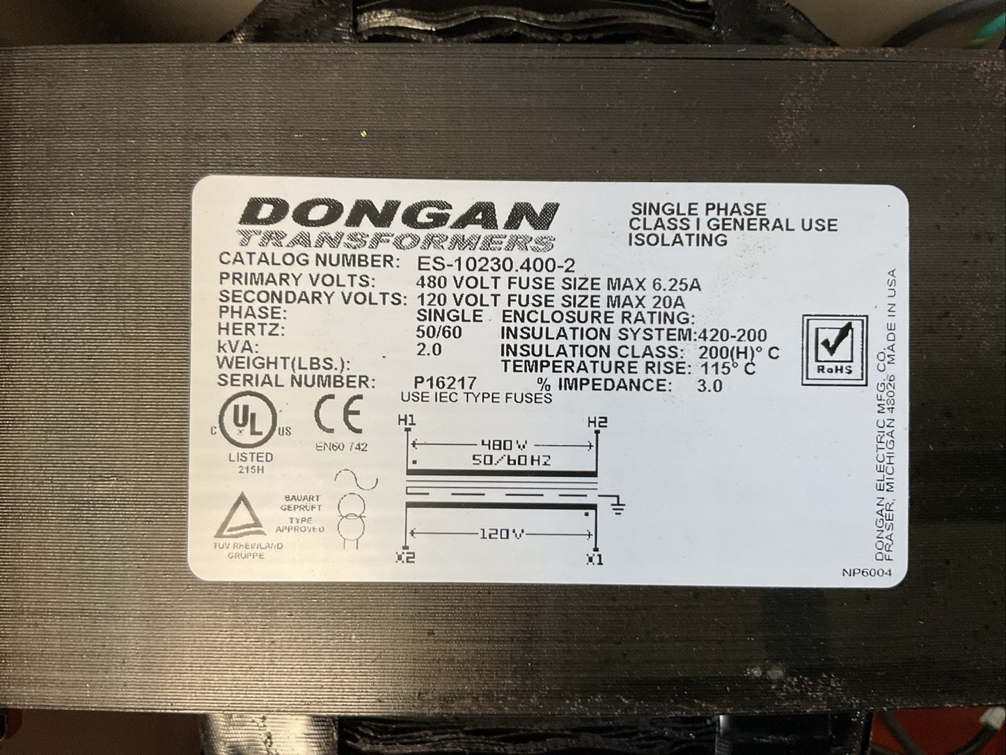 DONGAN TDL12-230Y SINGLE PHASE LIGHTING DISCONNECT TRANSFORMER 2KVA PRI 480V SEC