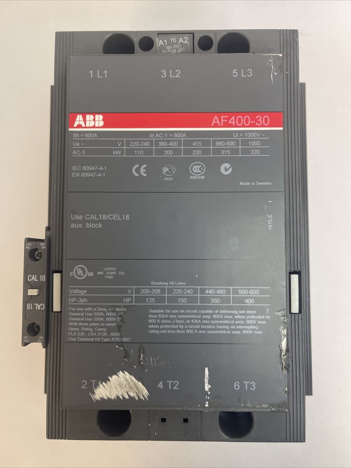 ABB AF400-30 CONTACTOR 600V 400HP 3PH 3POLE 550A COIL 100-250VDC