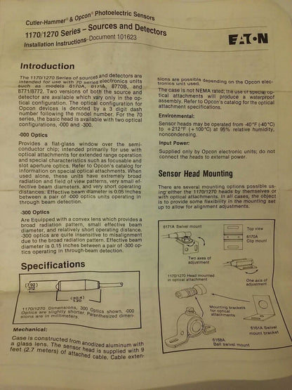 CUTLER HAMMER, 9307 OPCON 1270A-300, MICRO DETECTORS, PHOTOELECTRIC SENSORS, NEW