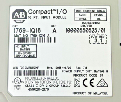 ALLEN-BRADLEY - 1769-IQ16 SER. A, F/W REV 3.1, DIR/VER 10000550525/01 - 16 PT.