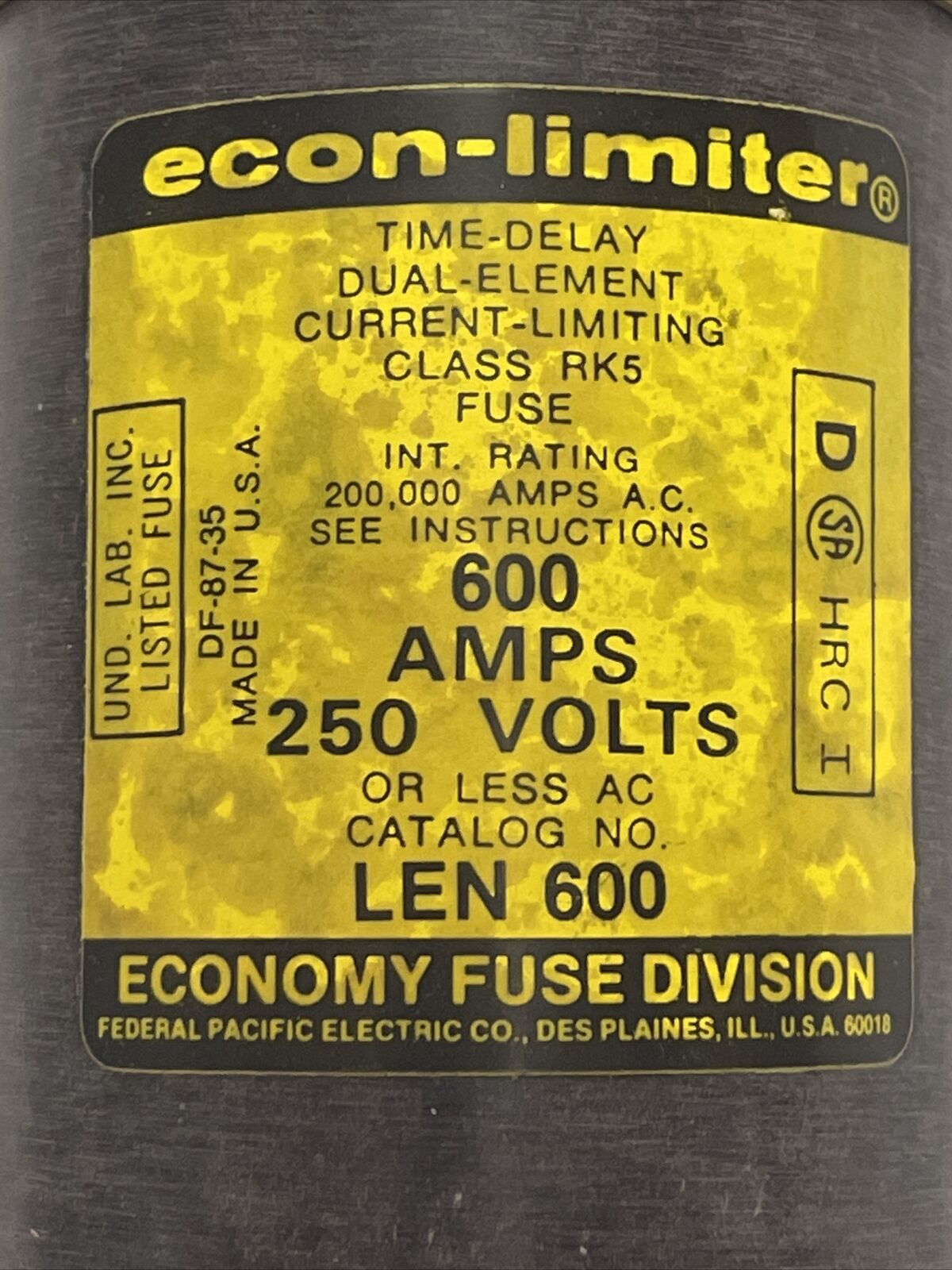 ECONOMY LENR600 600A 250VAC ECON-LIMITER TIME DELAY DUAL ELEMENT CLASS RK5 FUSE