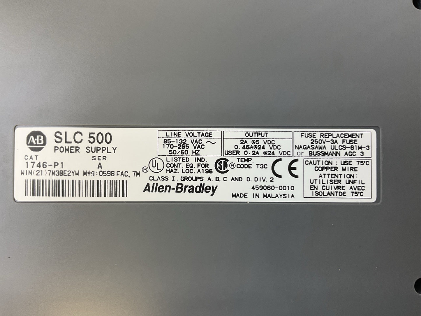 ALLEN BRADLEY 1746-P1 SER A SLC 500 POWER SUPPLY