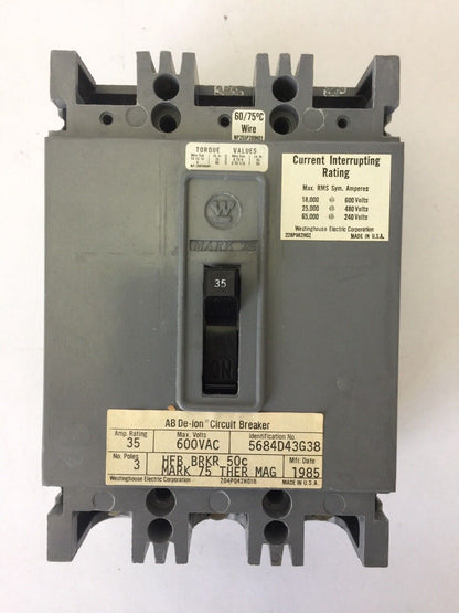 WESTINGHOUSE HFB3035V AB DE-ION CIRCUIT BREAKER 35AMP 600VAC 3POLE 5684D43G38