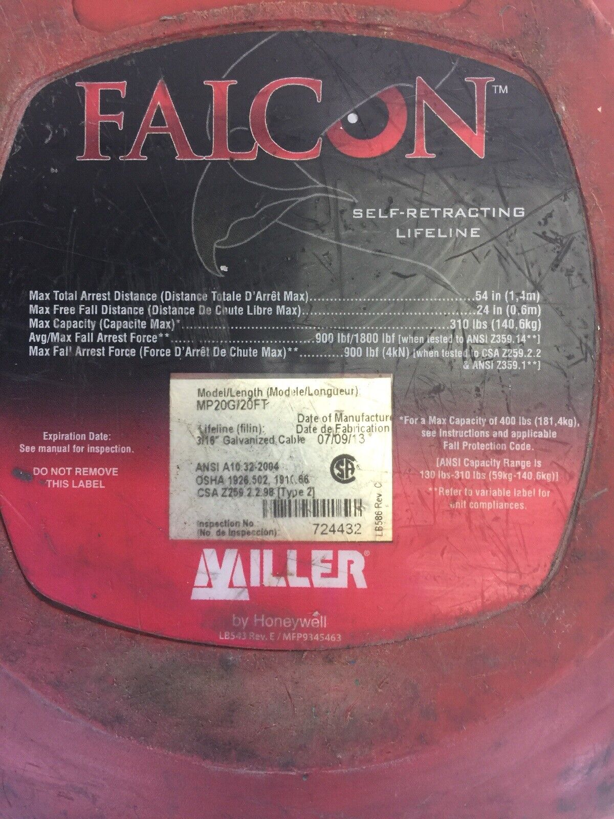 MILLER BY HONEYWELL FALCON MP20G/20FT SELF-RETRACTING LIFELINE 310LBS