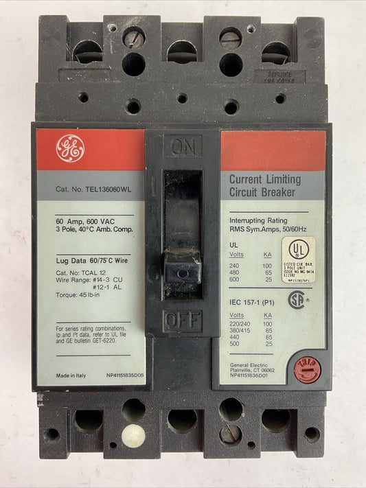 GE TEL136060WL CURRENT LIMITING CIRCUIT BREAKER 600VAC 60AMP 3POLE