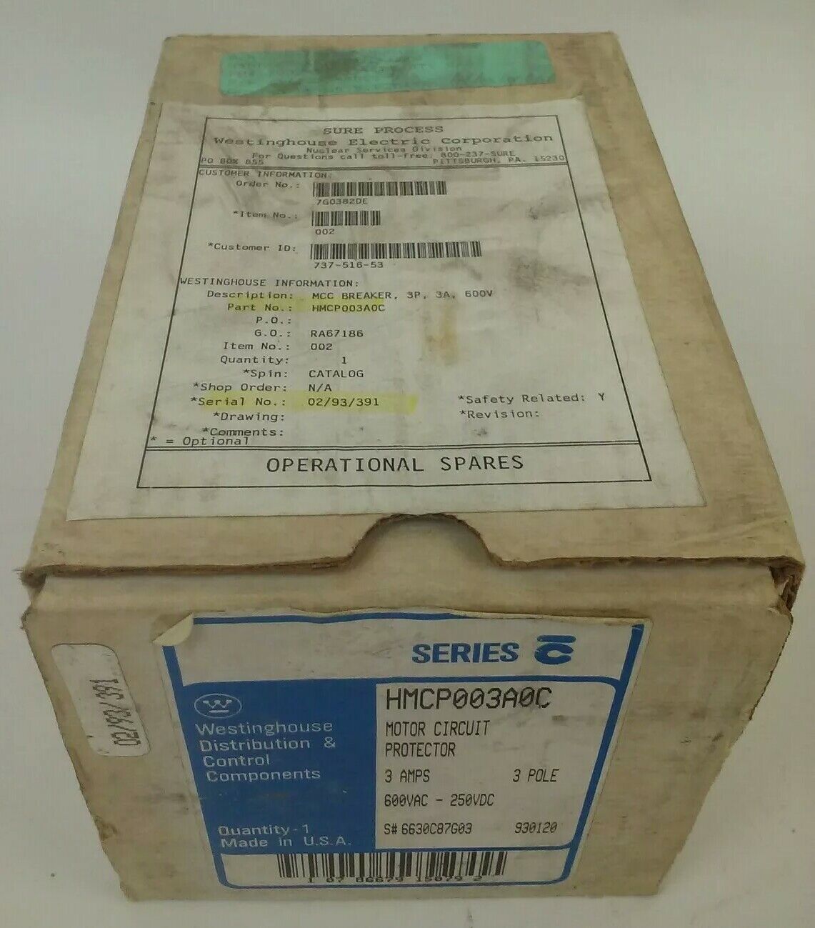 WESTINGHOUSE HMCP003A0C SER.C MOTOR CIRCUIT PROTECTOR TRIP UNIT 3A 3P 600V