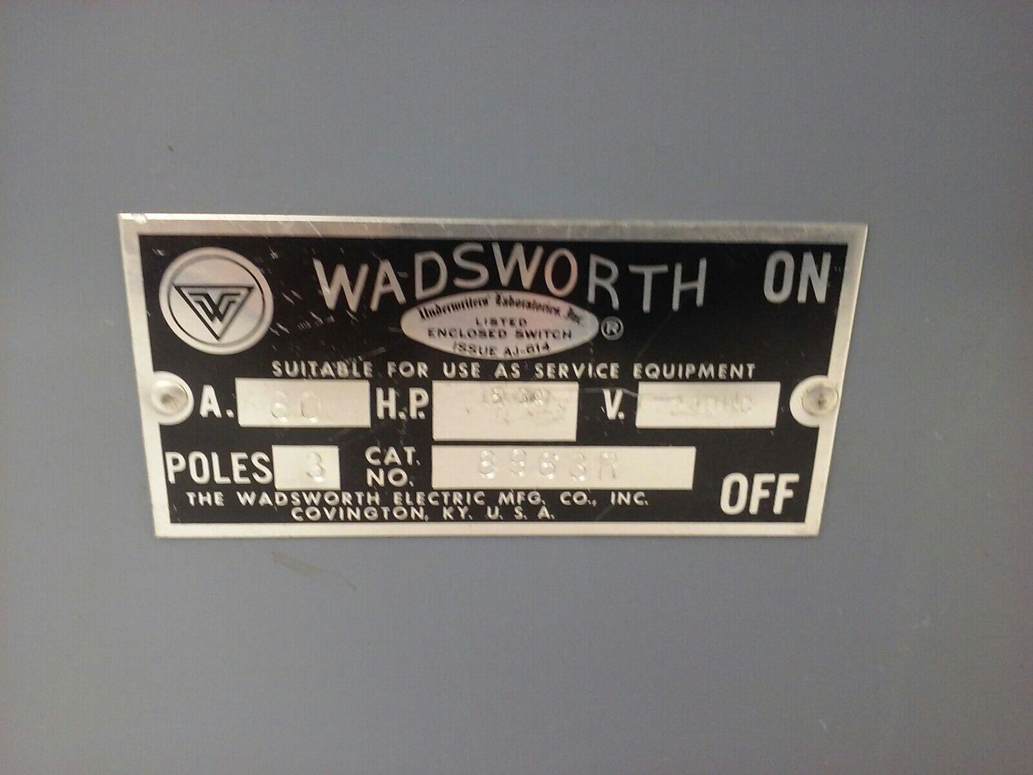 WADSWORTH 8963R ENCLOSED SAFETY SWITCH, 60A, 240V, 3P, HORSE POWER 15-30, NEW