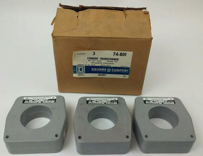 SQUARE D 74-801 CURRENT TRANSFORMER, 600V, INDOOR TYPE, RATIO: 800:5, LOT OF 3