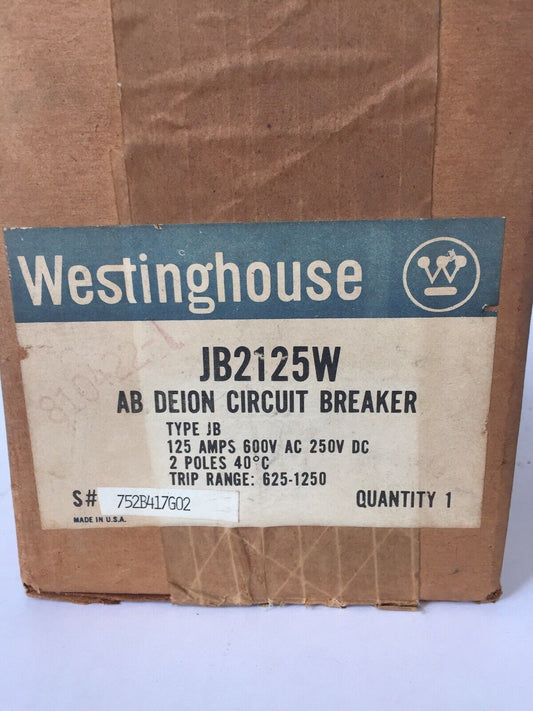 WESTINGHOUSE JB2125W AB DEION CIRCUIT BREAKER 125A 600VAC 250VDC 2 POLE