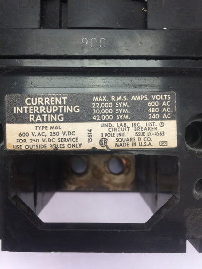 SQUARE D MAL369001021 CIRCUIT BREAKER 600VAC 3POLE 900AMPS