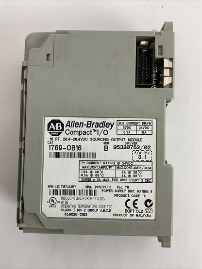 ALLEN BRADLEY 1769-OB16 SER B F/W REV 3.1 DIR/VER 95320752/02 16PT 20.4-26.4VDC