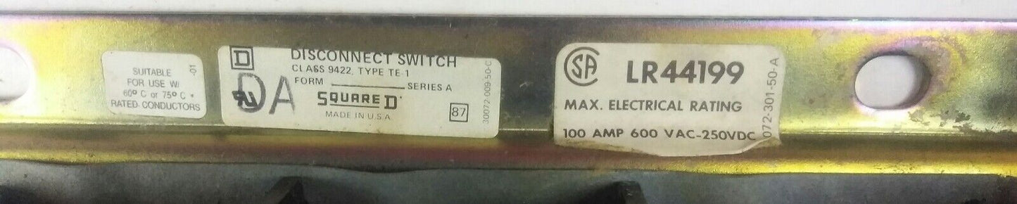 Square D 9422 TE-1 Series A Flange Mounted 100A Disconnect Switch 3P Non Fusible