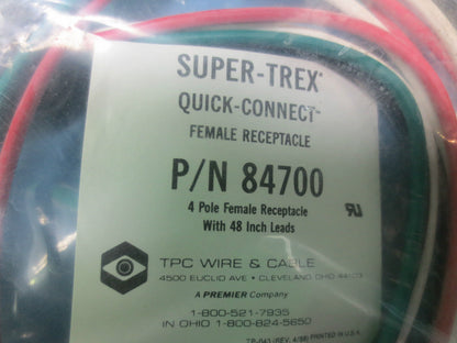 TPC WIRE & CABLE 84700 SUPER-TREX QUICK-CONNECT FEMALE RECEPTACLE CABLE 48" LEAD