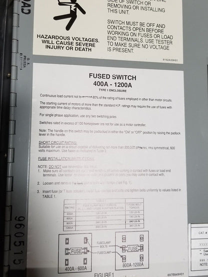 WESTINGHOUSE FDPW325MR 400 AMP 240 VOLT FUSIBLE SWITCH, 50 H.P., USED