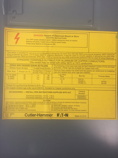 CUTLER HAMMER DH361URK HD SAFETY SWITCH 600VAC 250VDC 30AMP 3 POLE TYPE 3R 30HP