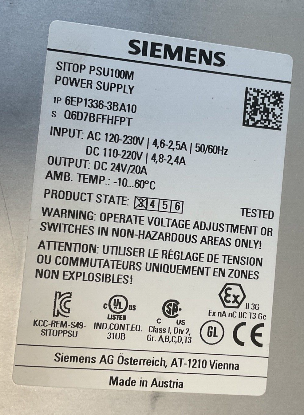SIEMENS PSU100M POWER SUPPLY 6EP1336-3BA10 230V 24VDC 20A