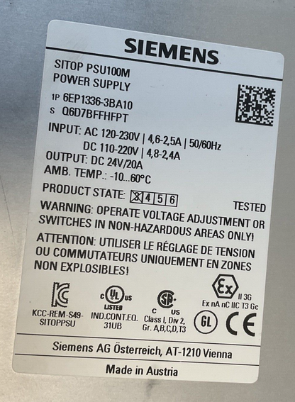 SIEMENS PSU100M POWER SUPPLY 6EP1336-3BA10 230V 24VDC 20A