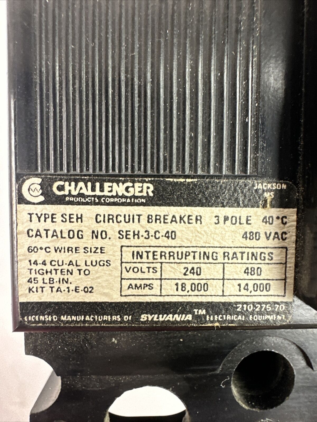 CHALLENGER SEH-3-C-40 CIRCUIT BREAKER 40AMP 480VAC 3POLE