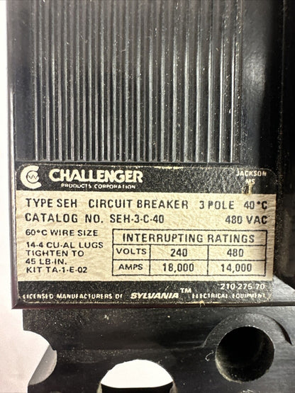 CHALLENGER SEH-3-C-40 CIRCUIT BREAKER 40AMP 480VAC 3POLE