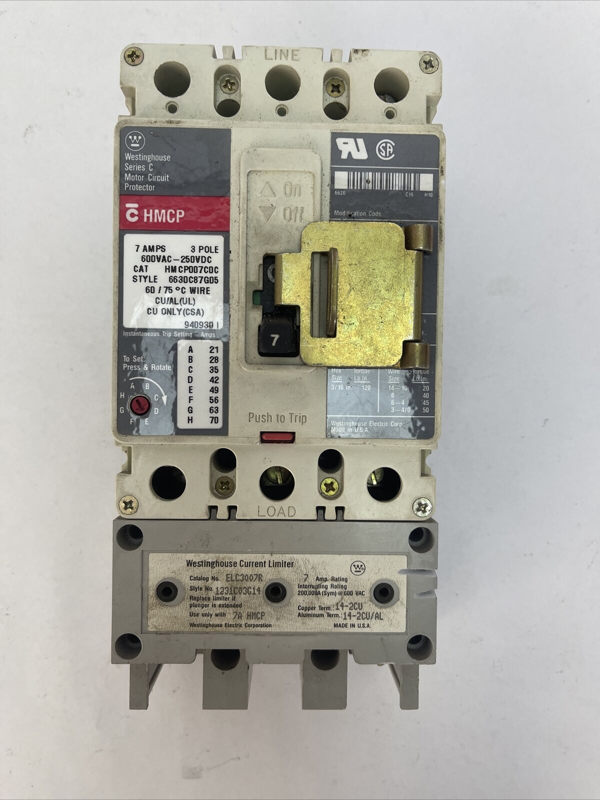 WESTINGHOUSE HMCP007C0C SER C 7A 600VAC 250VDC 3POLE ELC3007R CURRENT LIMITER 7A