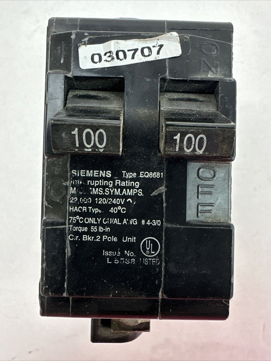 SIEMENS EQ8681 CIRCUIT BREAKER 2POLE 100AMP 120/240VAC