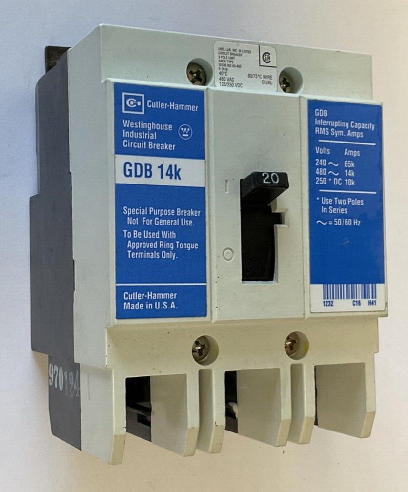 WESTINGHOUSE GDB 14K CIRCUIT BREAKER 20A 480VAC 3POLE 50/60HZ