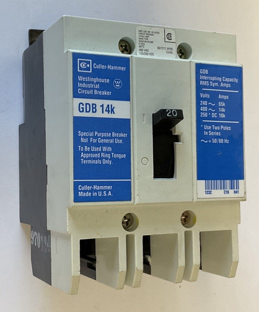 WESTINGHOUSE GDB 14K CIRCUIT BREAKER 20A 480VAC 3POLE 50/60HZ
