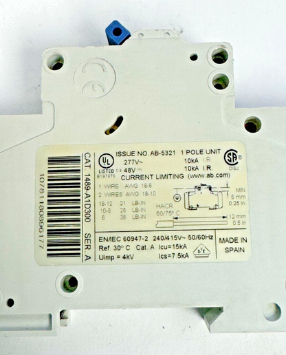 ALLEN-BRADLEY - 1489-A1D300 SER. A - CIRCUIT BREAKER - 1 P, 3 A, 277 V