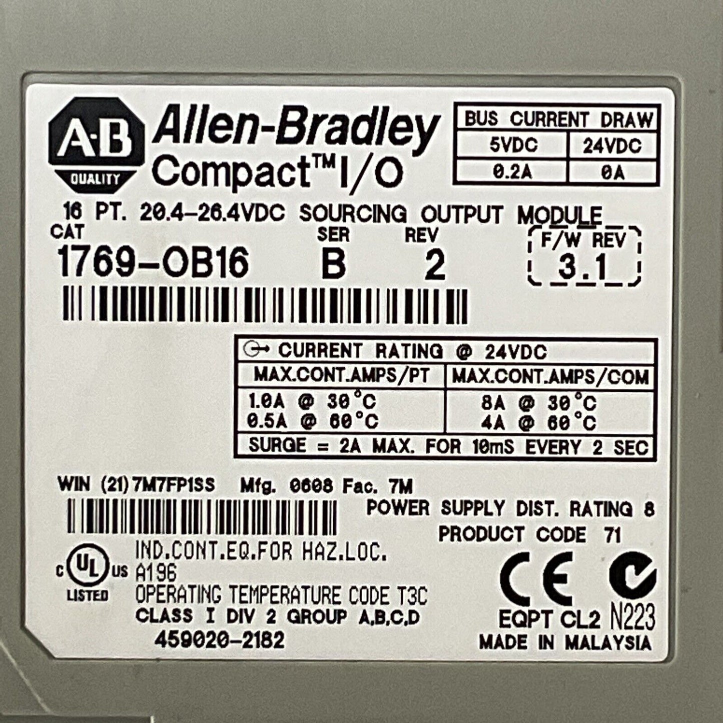 ALLEN BRADLEY 1769-OB16 SER B REV 2 F/W REV 3.1 16PT 20.4-26.4VDC SOURCING OUTPU
