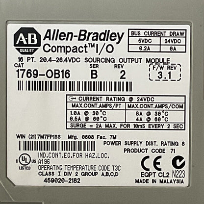 ALLEN BRADLEY 1769-OB16 SER B REV 2 F/W REV 3.1 16PT 20.4-26.4VDC SOURCING OUTPU