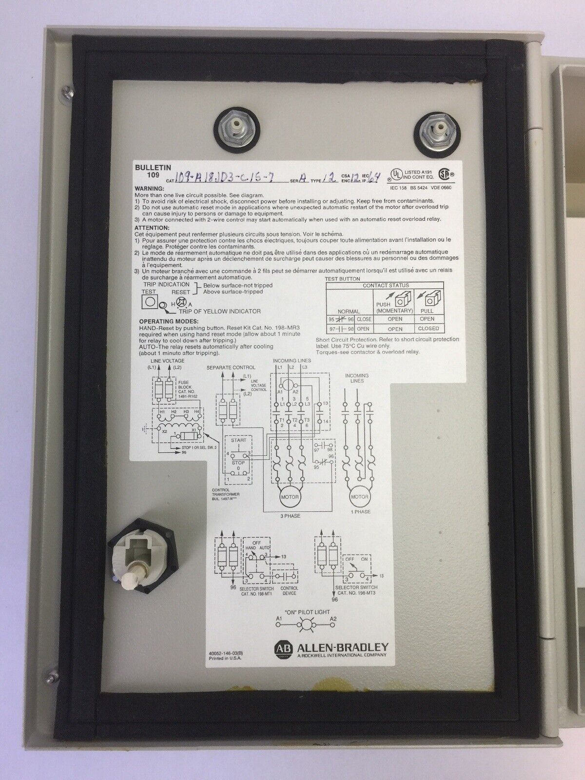 ALLEN BRADLEY 109-A18JD3-C15-7 TYPE 12 STARTER ENCLOSURE WITH CONTACTOR & RELAY