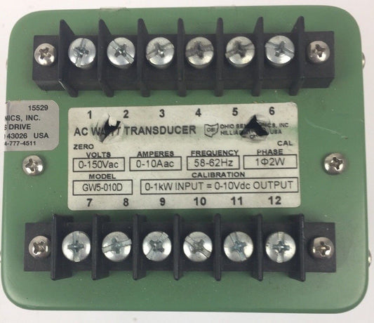 OHIO SEMITRONICS GW5-010D AC WATT TRANSDUCER 0-150VAC 0-10Aac 58-62HZ