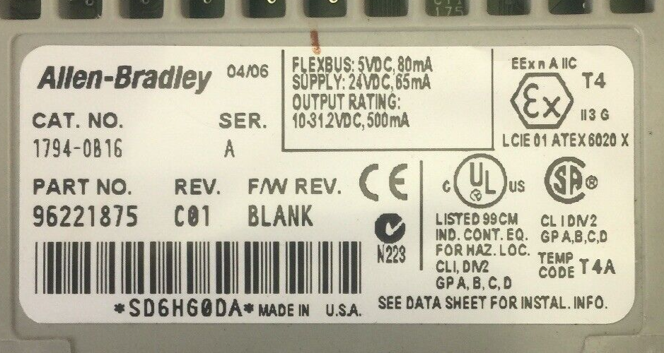 ALLEN BRADLEY 1794-OB16 24VDC SOURCE OUTPUT MODULE SER A REV C01 F/W REV BLANK