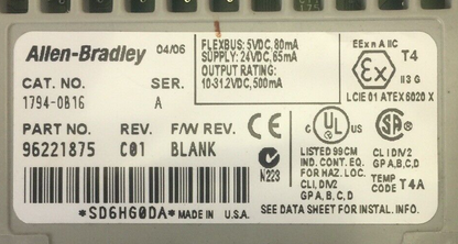 ALLEN BRADLEY 1794-OB16 24VDC SOURCE OUTPUT MODULE SER A REV C01 F/W REV BLANK
