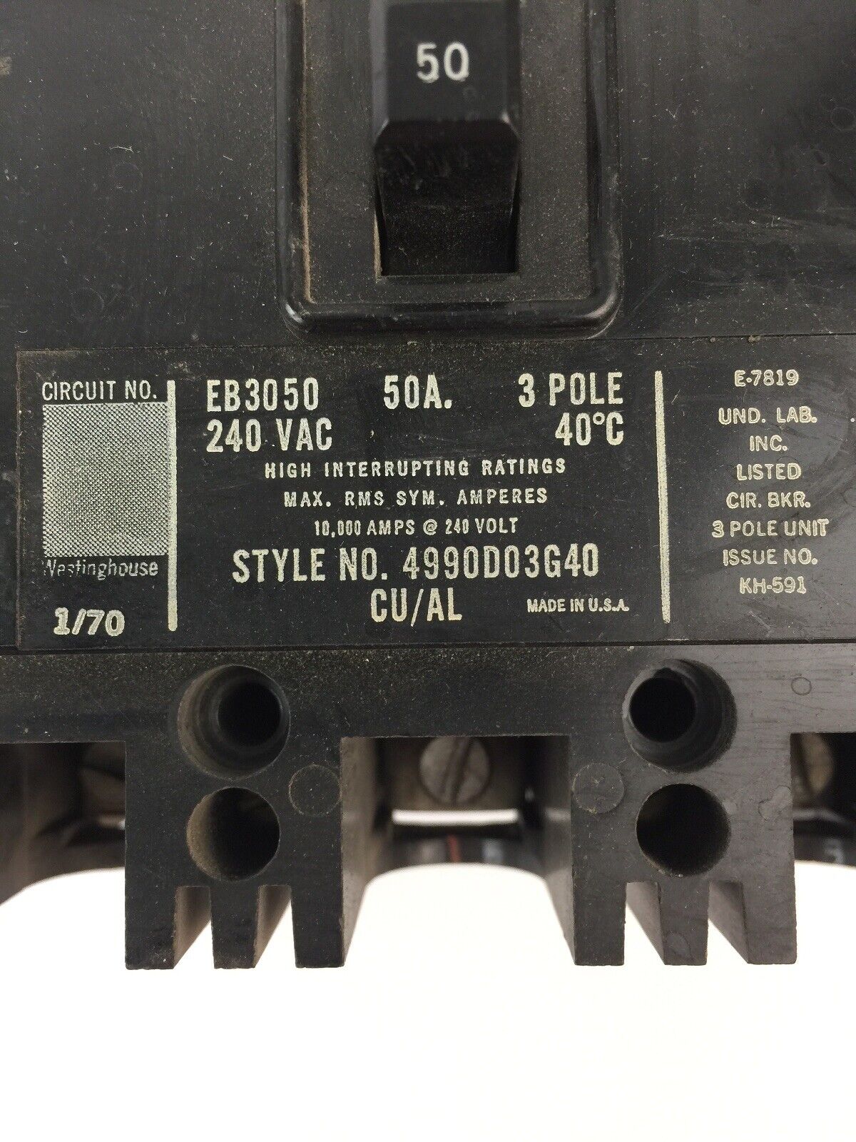 WESTINGHOUSE EB3050 CIRCUIT BREAKER 50AMP 240VAC 3 POLE