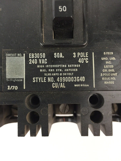 WESTINGHOUSE EB3050 CIRCUIT BREAKER 50AMP 240VAC 3 POLE