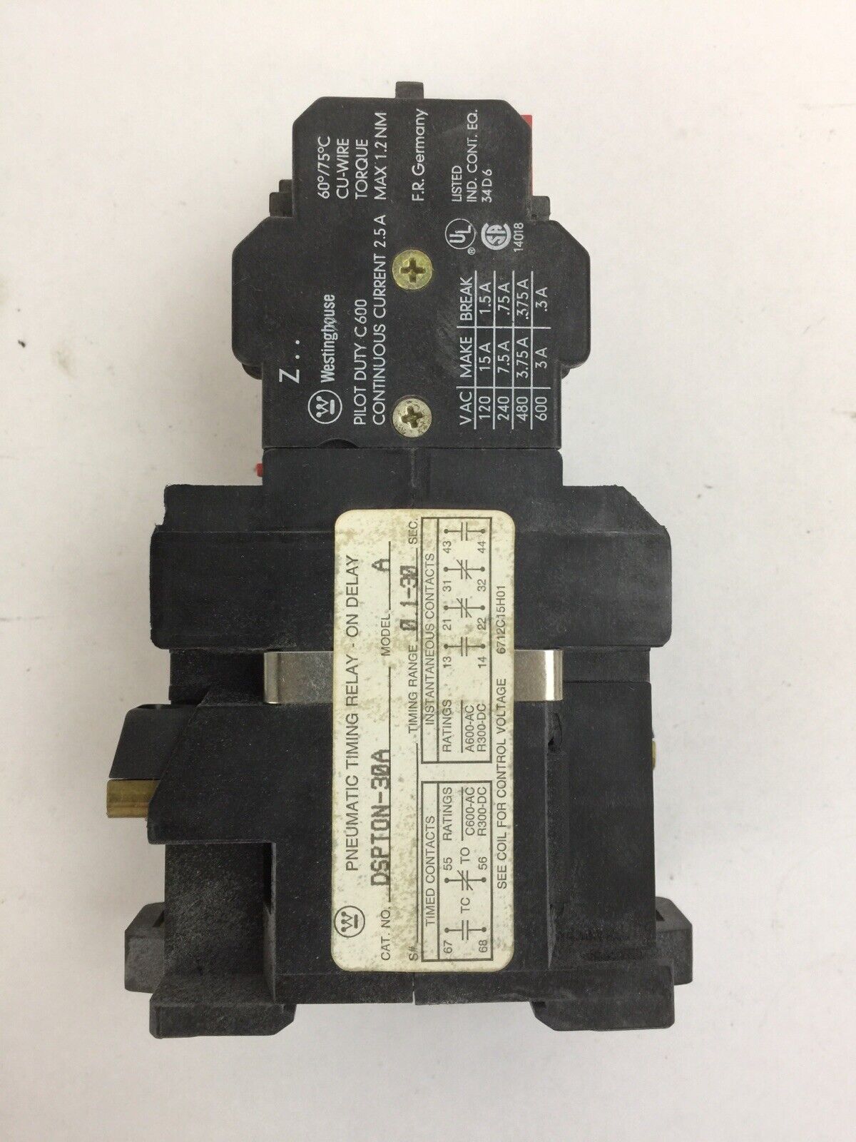 WESTINGHOUSE DSPTON-30A MODEL A PNEUMATIC TIMING RELAY 6P 0.1-30 SEC COIL 120V