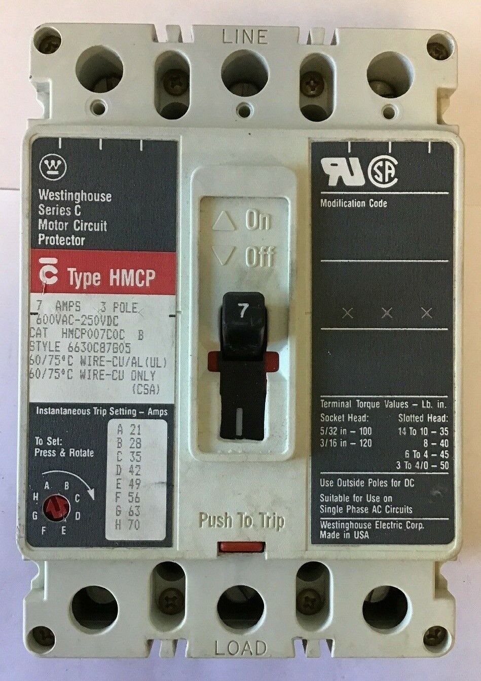 WESTINGHOUSE HMCP007C0C B CIRCUIT PROTECTOR  SER.C 7AMP 3POLE 600VAC-250VDC