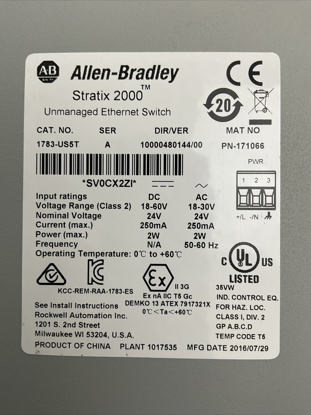 ALLEN BRADLEY 1783-US5T SER A DIR/VER 10000480144/00 UNMANAGED ETHERNET SWITCH