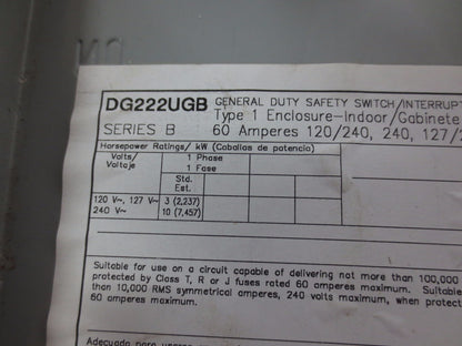 CUTLER-HAMMER DG222UGB GENERAL DUTY SAFETY SWITCH - 240VAC, 60A