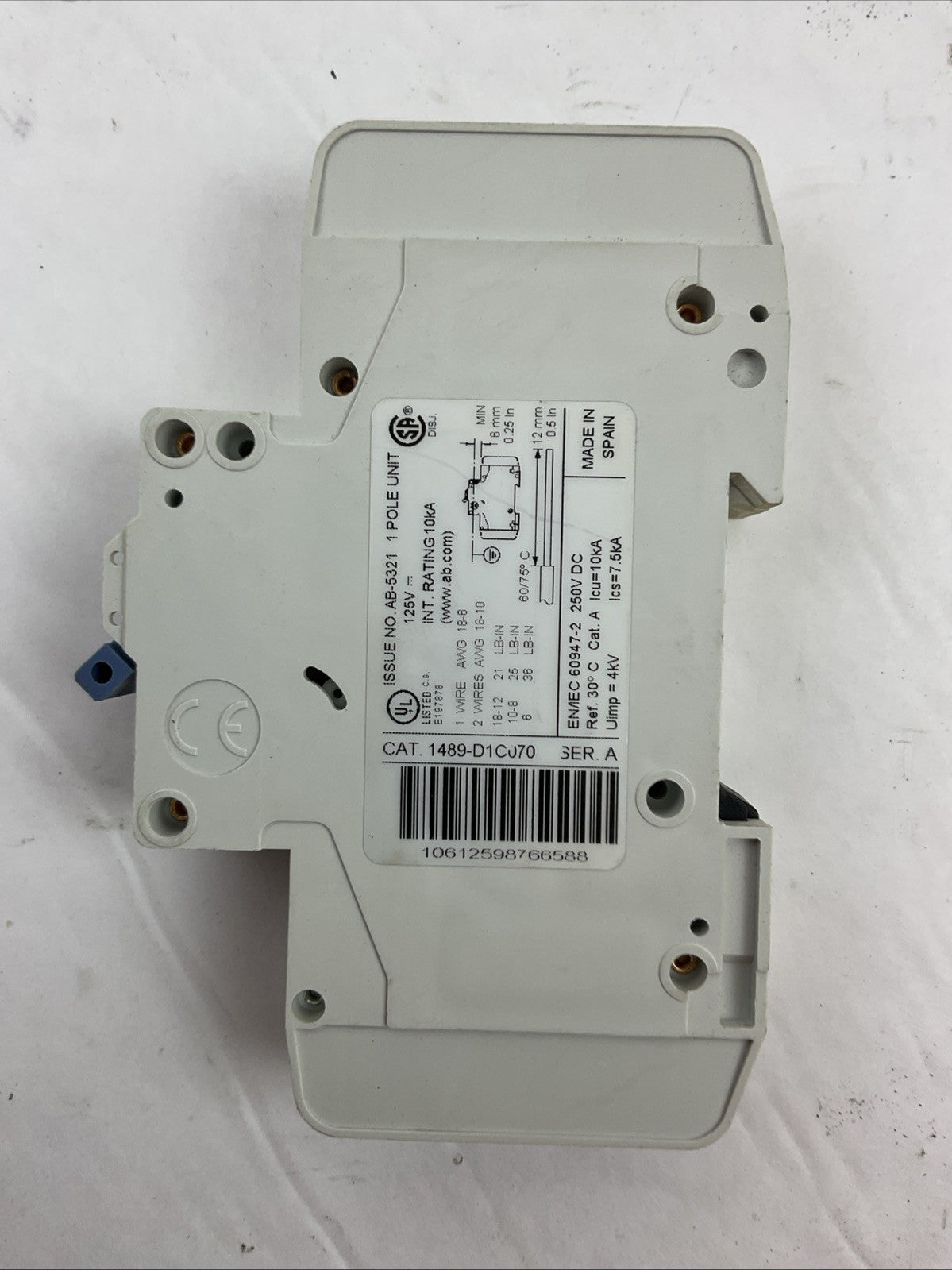 ALLEN-BRADLEY 1489-D1C070 SER A CIRCUIT BREAKER 125VDC 7AMP