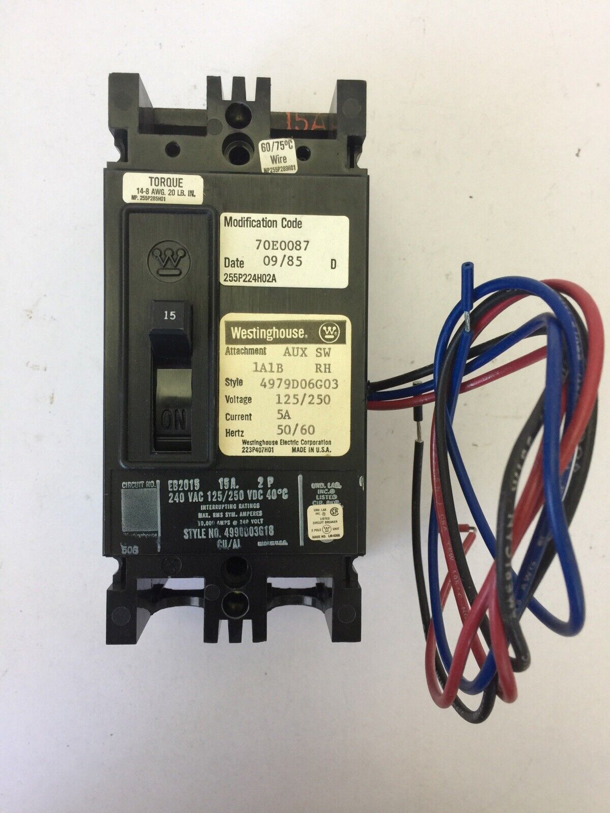 WESTINGHOUSE EB2015 CIRCUIT BREAKER 15AMP 2POLE 240VAC 125/250VDC 4990D03G18