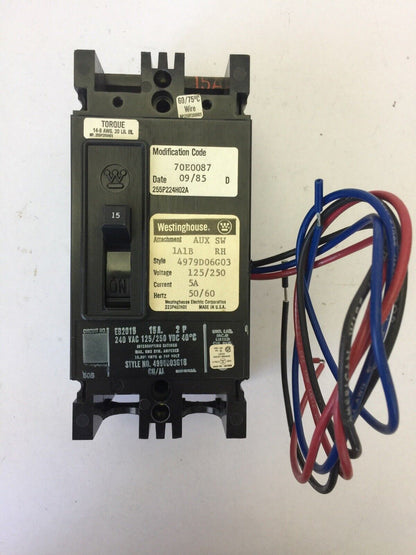 WESTINGHOUSE EB2015 CIRCUIT BREAKER 15AMP 2POLE 240VAC 125/250VDC 4990D03G18