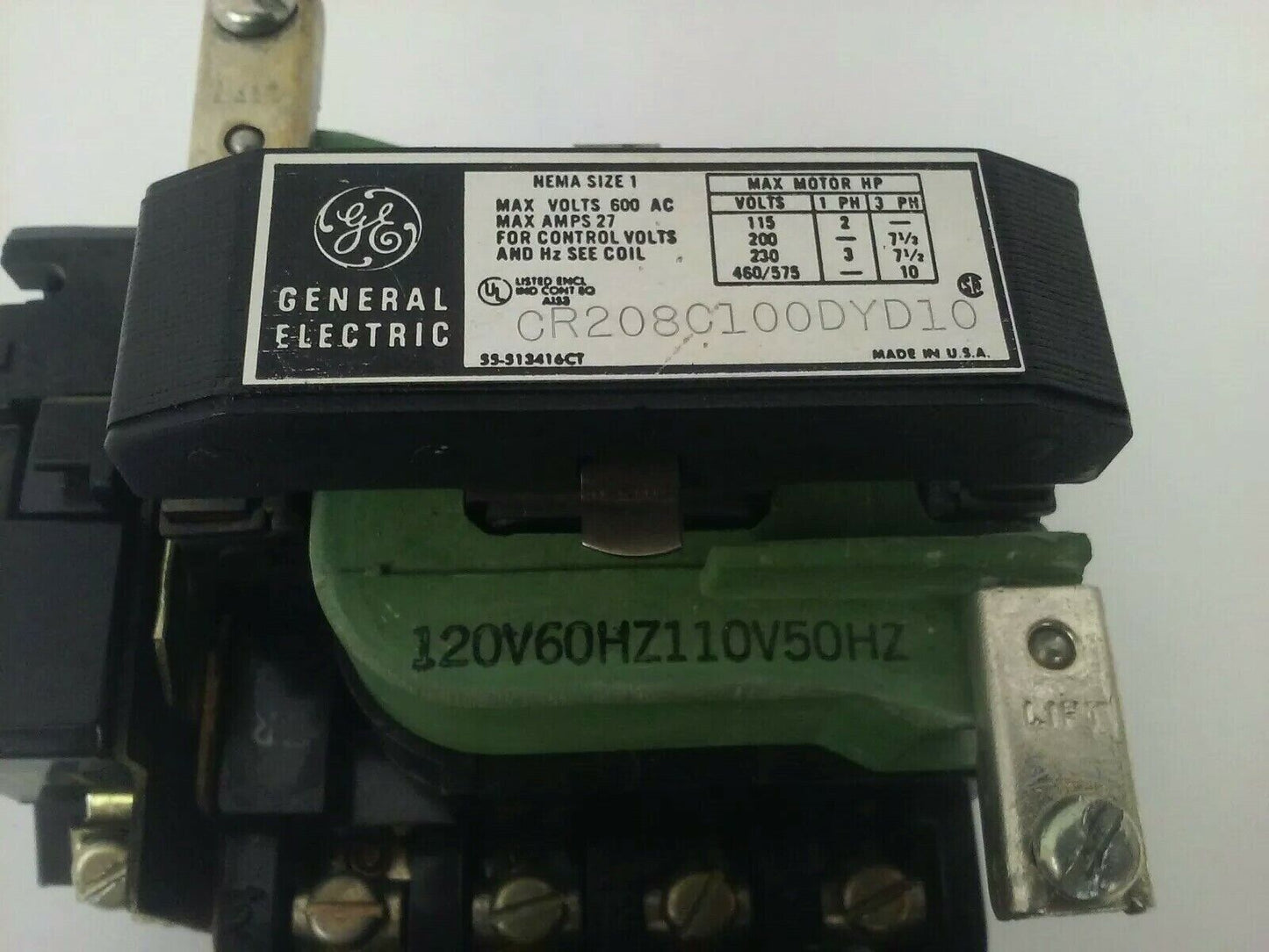 GENERAL ELECTRIC CR208C100DYD10 STARTER SIZE 1 600V 27A 3PH 10HP 120V COIL