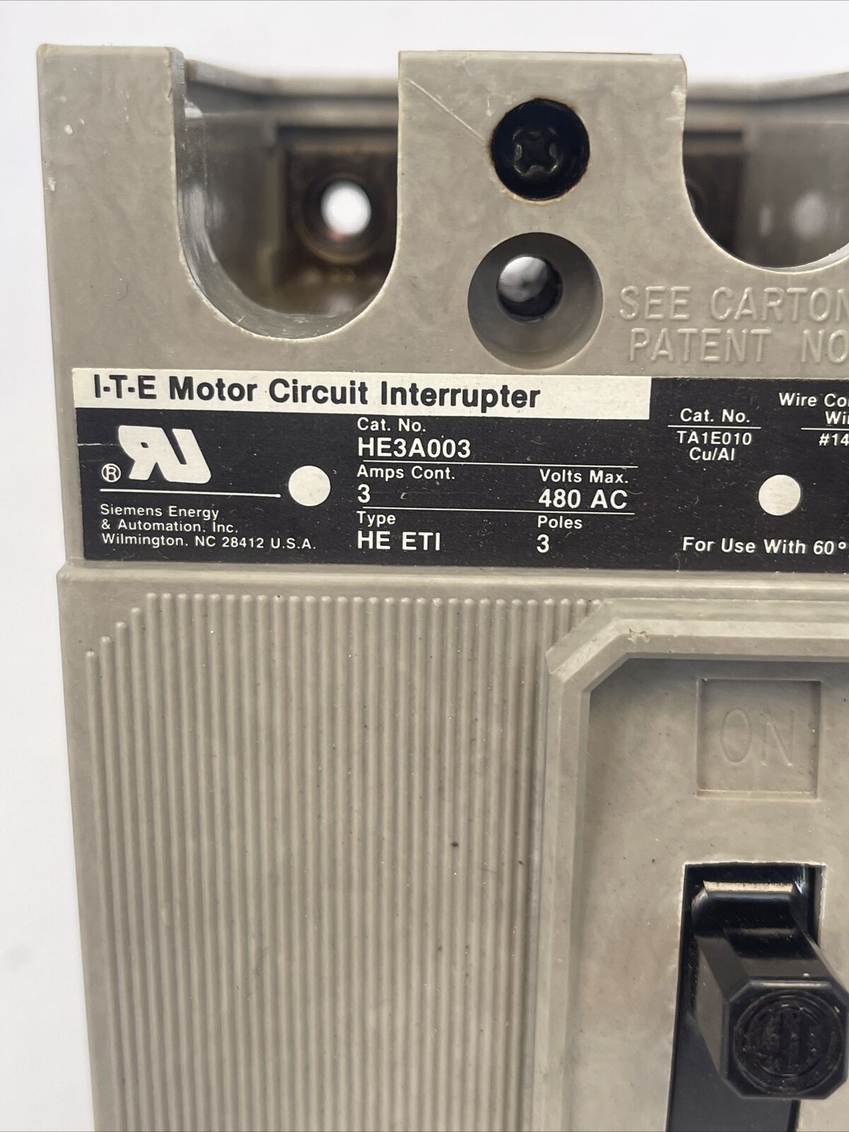 ITE HE3A003 MOTOT CIRCUIT INTERRUPTER 3AMP 480VAC 3POLE TYPE HE ETI