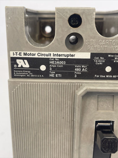 ITE HE3A003 MOTOT CIRCUIT INTERRUPTER 3AMP 480VAC 3POLE TYPE HE ETI